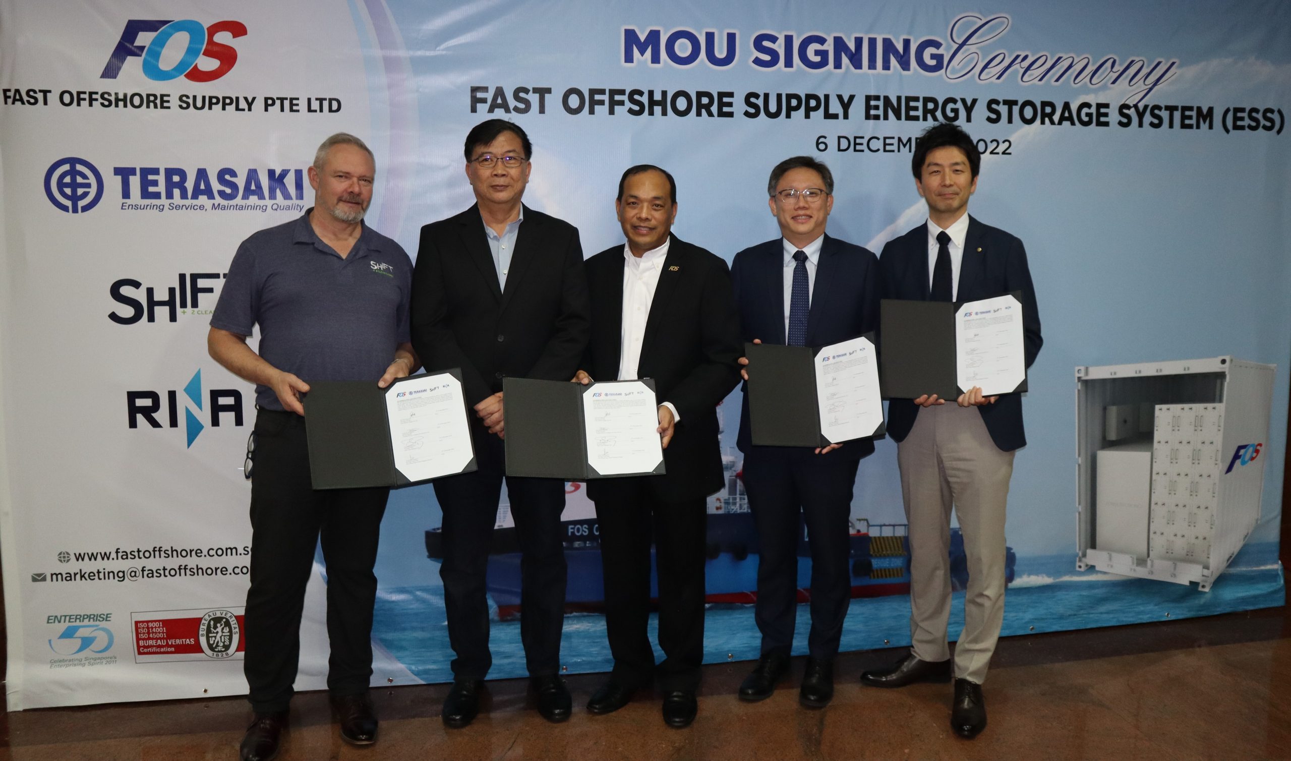 Terasaki has signed MOU with FOS, Shift Clean Energy and RINA for the integration of an Energy Storage Systems on their fleet.